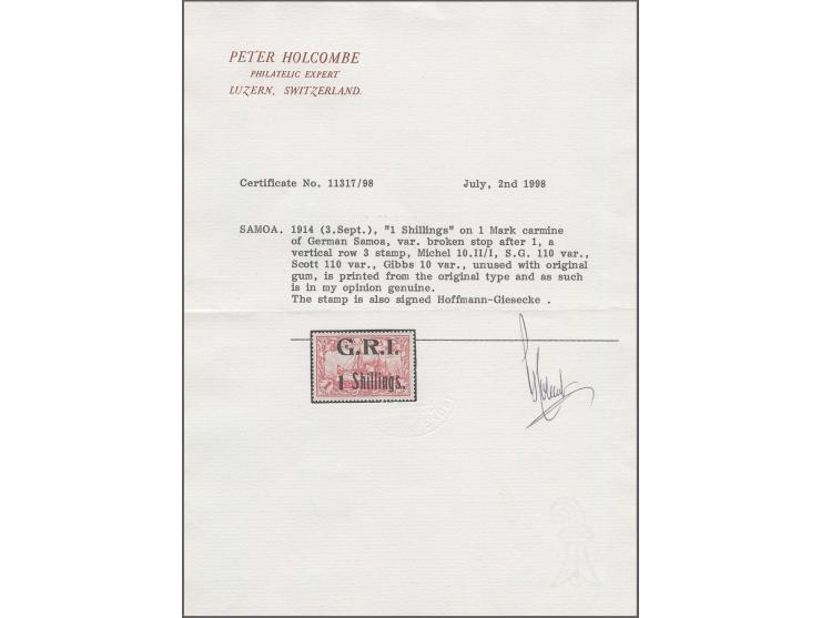 1 shillings on 1 m. with overprint variety "broken stop after I", unused, very fine, signed Hofmann-Giesecke and Holcombe and
