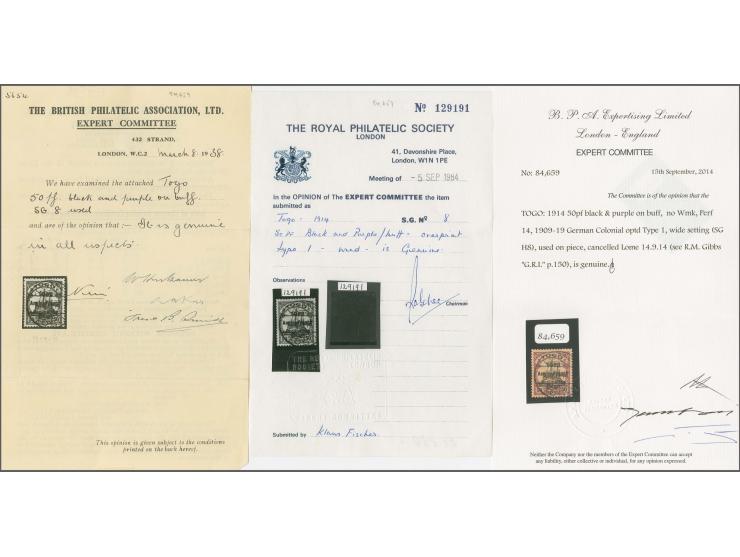 Wide setting, lines 3 mm apart, 50 pf. black and purple on buff neatly cancelled by "LOMEÂ 14.9.14"; a fine copy of this scar