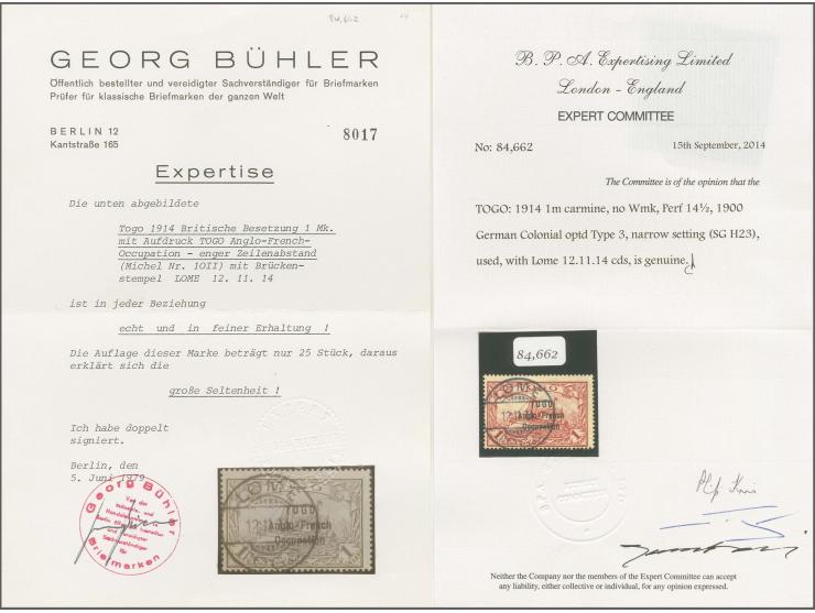 Narrow setting, lines 2 mm apart: 1 m. with full clear cds. "LOME 12.11.14", very fine and scarce, signed Georg Bühler with c