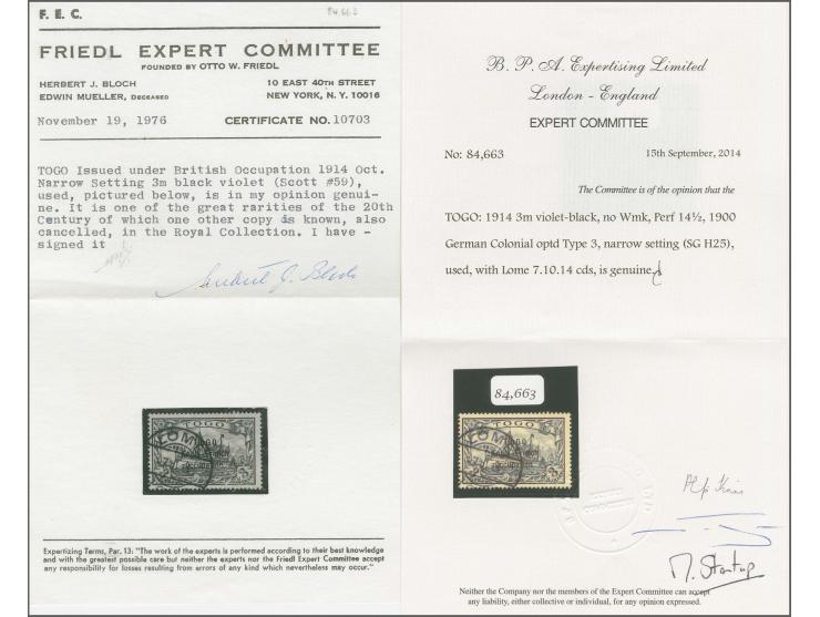 3 m. violet-black, fresh colour and perfect perforation, neatly cancelled "LOME 7.10.14"; signed Herbert Bloch with Friedl Ex