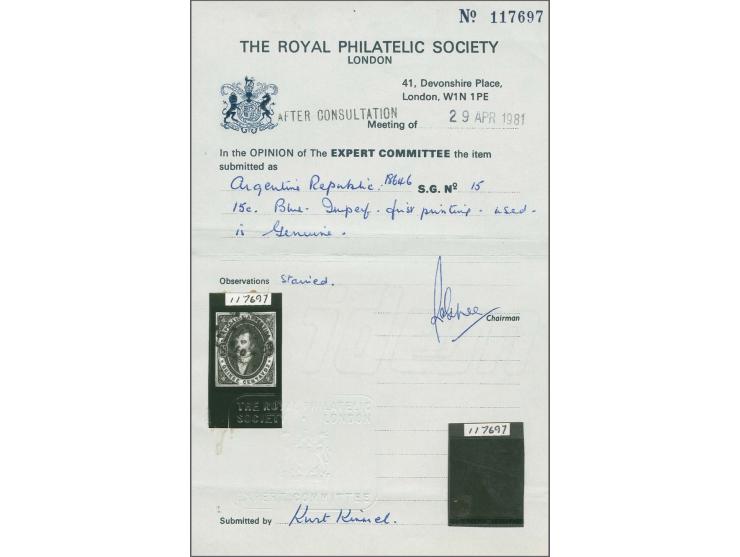 1864 (April 17): Rivadavia 15 c. blue, imperforate example from the first printing with 'RA' watermark, a fine used example w