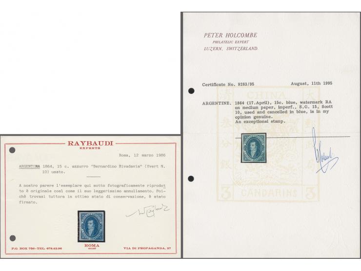 Rivadavia 15 c. blue, imperforate example from the first printing with 'RA' watermark, a very fine used example with large ma