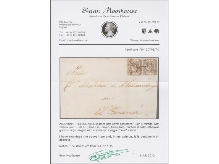 1858/59, Barquitos 4 r. brown, a fine vertical pair with frame lines partly slightly touched, tied by manuscript squiggle cro