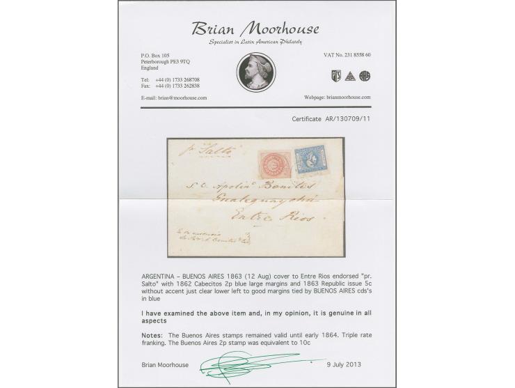 1862, Cabecitos 2 p. blue with large margins all around, in combination with Republic 1863, 5 c. rose without accent, just cl