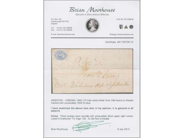 1858, coat of arms 5 c. blue with good two wide margins, used on entire letter form Villa Nueva 10.2.1860 to Rosario; the upp