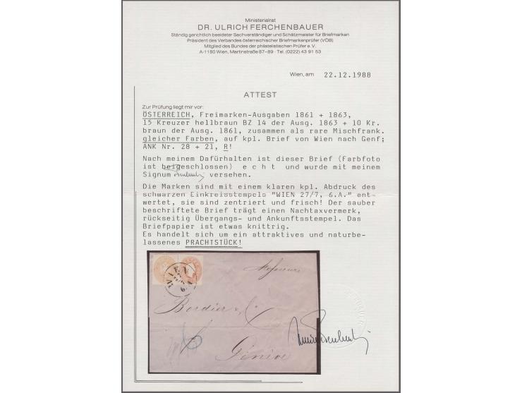 1860: 10 kr. brown used in combination with 1863 15 kr. pale brown, perf. 14 on cover to Geneva, Switzerland tied by bold WIE