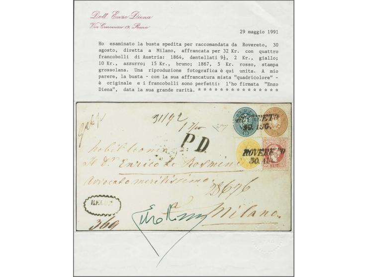 1864: Arms definitives 2 kr. yellow, 10 kr. blue and 15 kr. brown, perf. 9½ in mixed four colour franking with 1867 Franz-Jos