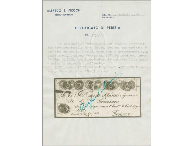 1864, 15 so. brown, horizontal strip of 3, pair and 4 singles together with 5 so. rose, all tied by clear cds. "CONSTANTINOPL