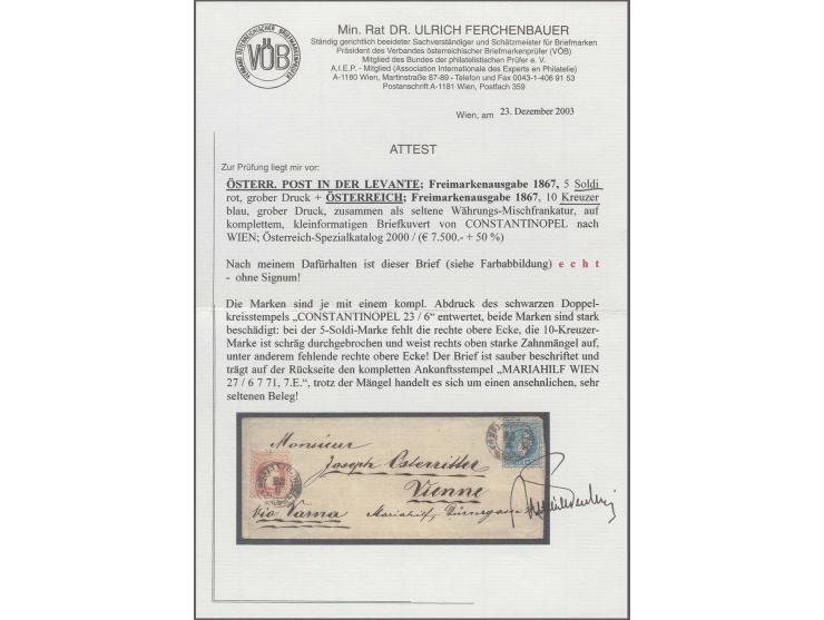 1867: Levant 5 soldi red and Austria 10 kr. blue used on small 1871 envelope from Constantinople endorsed 'via Varna' to Vien