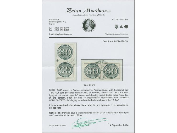 60 r. black, late early impressions, two pairs (one vertical, one horizontal) used on 1845 cover from Rio de Janeiro to Santo