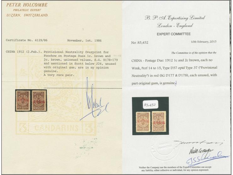 1912: Postage Due 1 c. brown and 2 c. brown, each overprinted 'Provisional Neutrality' at Foochow horizontally in red, the tw