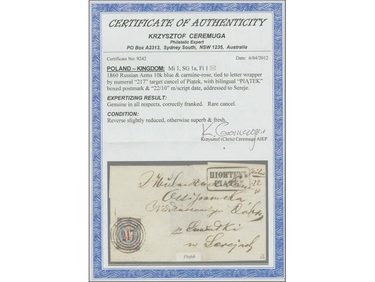 1860, Coat of Arms 10 k. blue & carmine-rose, fresh colour and well perforated, tied by clear central strike "217" to small l