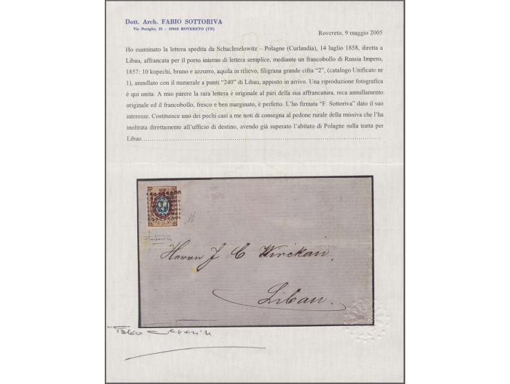 1857, 10 k. brown/blue with ample to good margins, small nick at top, tied by dotted numeral "240" to folded lettersheet to L