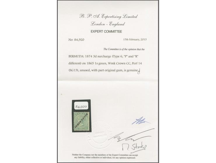 THREEÂ PENCE'Â on 1 Sh. green, overprint type 6 with 'P' and 'R' different, unused (large) part o.g., fine and scarce, certif