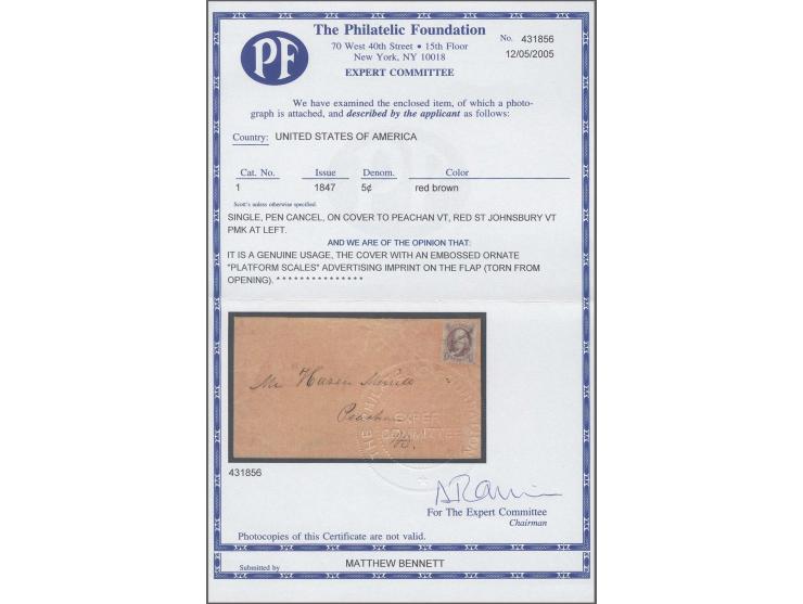 1847, Franklin 5c. red brown, fresh colour and clear to full margins all round, tied by pen strokes to buff cover with "E. & 