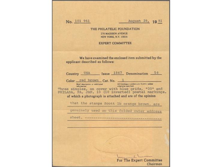 5 c. orange brown, three singles with good to large margins with blue grid on folded lettersheet with adjacent blue "20" and 