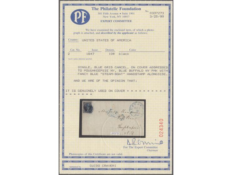 1847, Washington 10 c. black, fresh colour and wide margins all round, tied by blue grid cancel to cover with matching fancy 