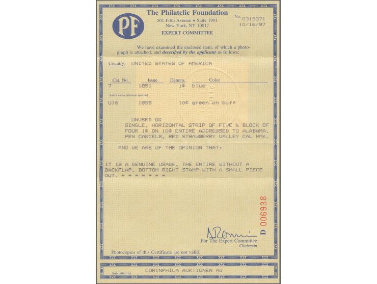 1 c. blue, type II, block of four, position 74/85L2, horizontal strip of five, positions 61-65L2, and a right sheet margin si