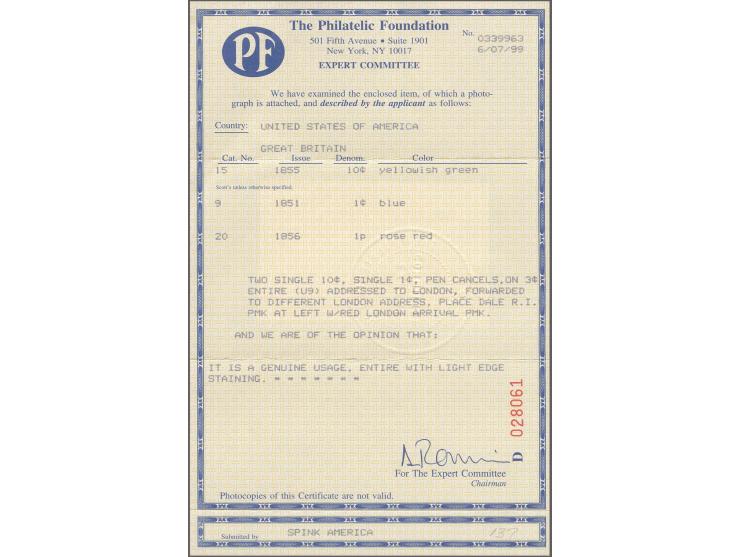 1c. blue, type IV, and two singles 10c. green each with pen cancellation as additional franking on envelope 3c. red to London
