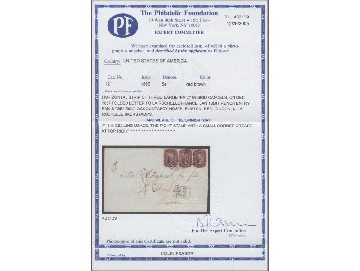 5 c. red-brown,Â  horizontal strip of 3, the left stamp tiny touched just at upper right, otherwise clear to very wide margin