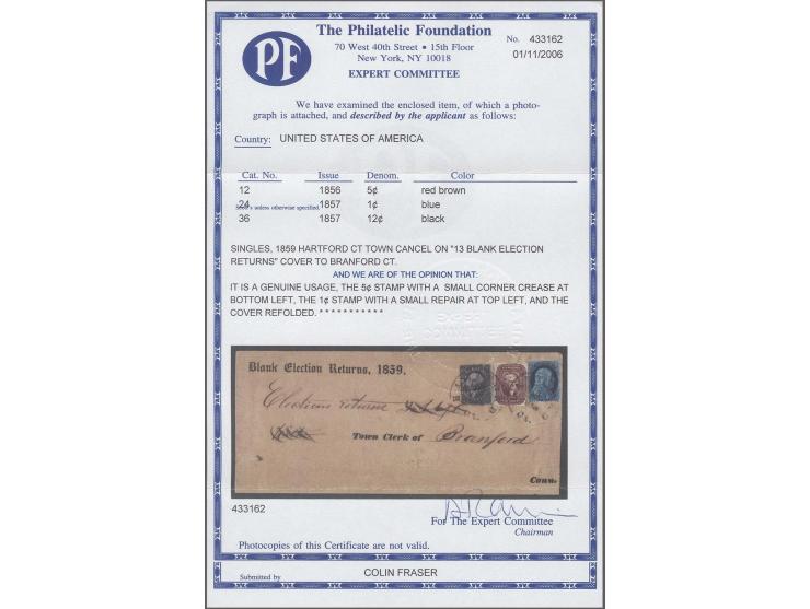 5c. red brown, fresh colour and clear to large margins and 1857 Franklin 1c. blue, type V, and 12c. black, type I, tied by cd