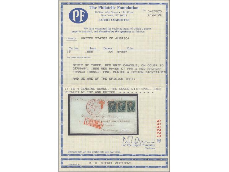 10c. green, type III, horizontal strip of three, very fresh colour, ample to large margins all round, tied by red grid cancel