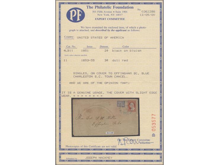 CHARLESTON: HONOURS CITY EXPRESS 1851/58, 2c. black on bluish with full margins all round and 1851 Washington 3c.Â dull red, 