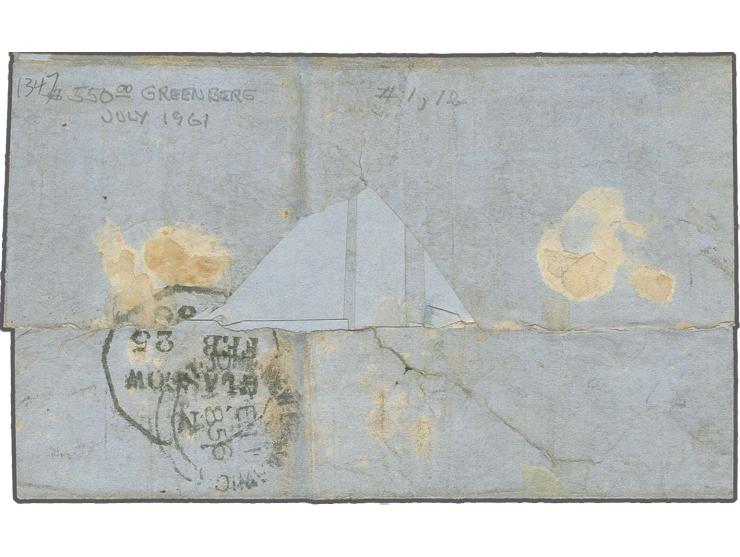 3 d. dull red, diagonal bisect in strip with 2 normal stamps, cut into large margins, tied by grill cancels to lettersheet fr