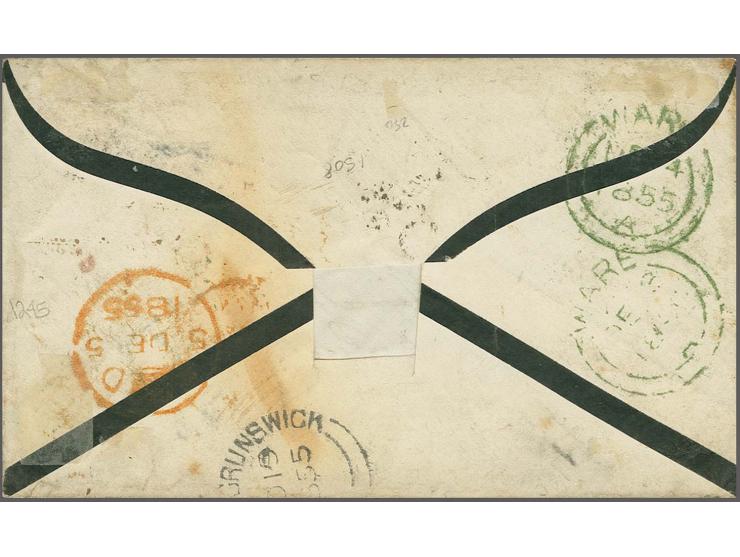 3 d. dull red, diagonal bisect with clear to mostly good margins together with slightly touched 6 d. olive-yellow with clear 