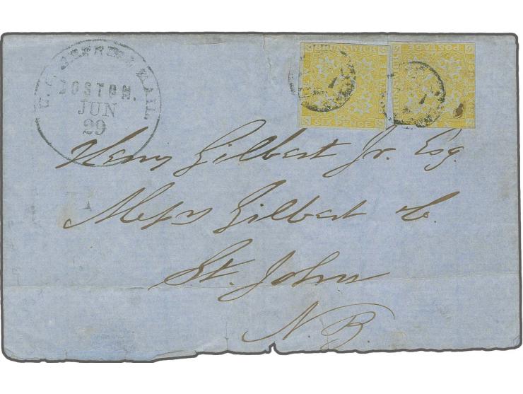 6 d. olive-yellow, 2 single stamps, one with clear to good margins, the other one slightly cut-into at 2 sides, tied by circu