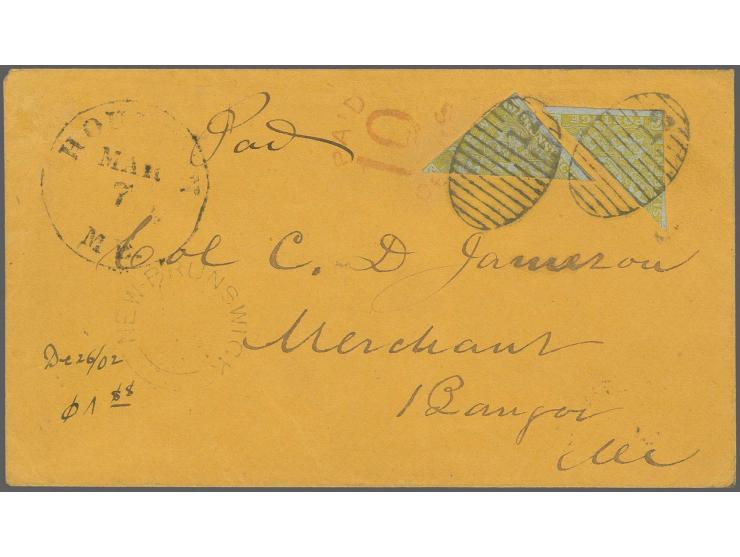 6 d. olive-yellow, 2 bisects, both with large margins on one side, one just clear and the other just cut-into on the other si