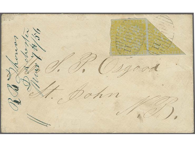 6 d. olive-yellow, diagonal bisect in pair with entire stamp, the latter one somewhat touched at one side, tied by clear oval