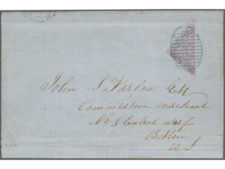 1 shilling dull mauve, diagonal bisect with good to large margins, tied by clear blue grill "8" to entire letter from "CHATHA