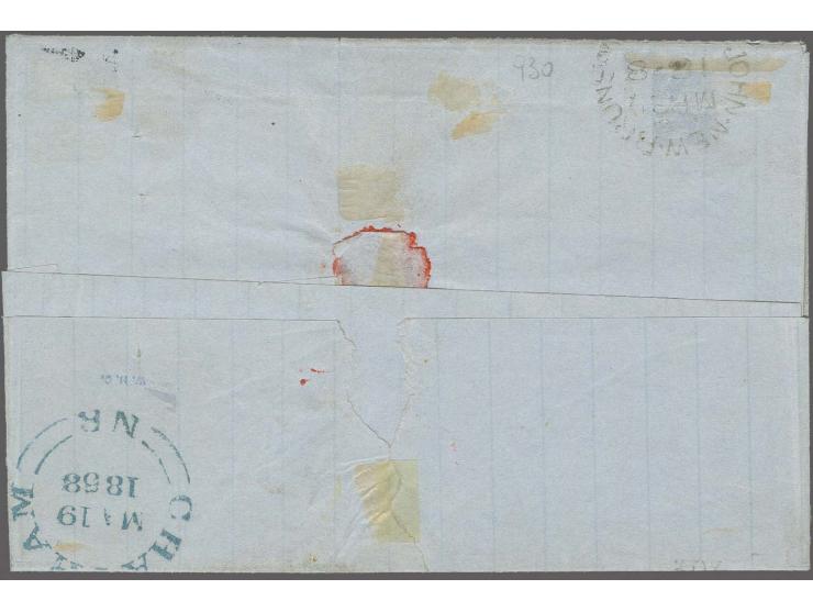 1 shilling dull mauve, diagonal bisect with good to large margins, tied by clear blue grill "8" to entire letter from "CHATHA
