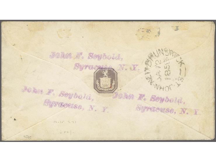 1 shilling dull mauve, diagonal bisect with clear to good margins, tied by black grid to small envelope, backstamped "ST. JOH