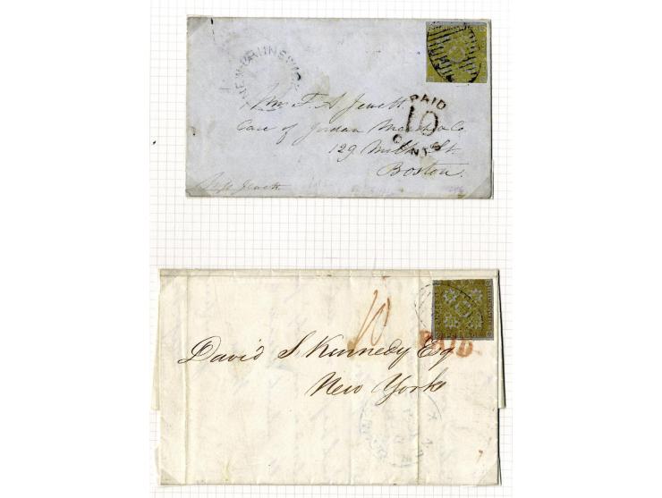 1851/60: The Postal History collection (16 covers/entires), with 3 d. red single frankings (5 covers), 3 d. red (two examples