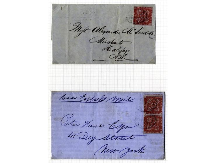 1851/60: The Postal History collection (16 covers/entires), with 3 d. red single frankings (5 covers), 3 d. red (two examples