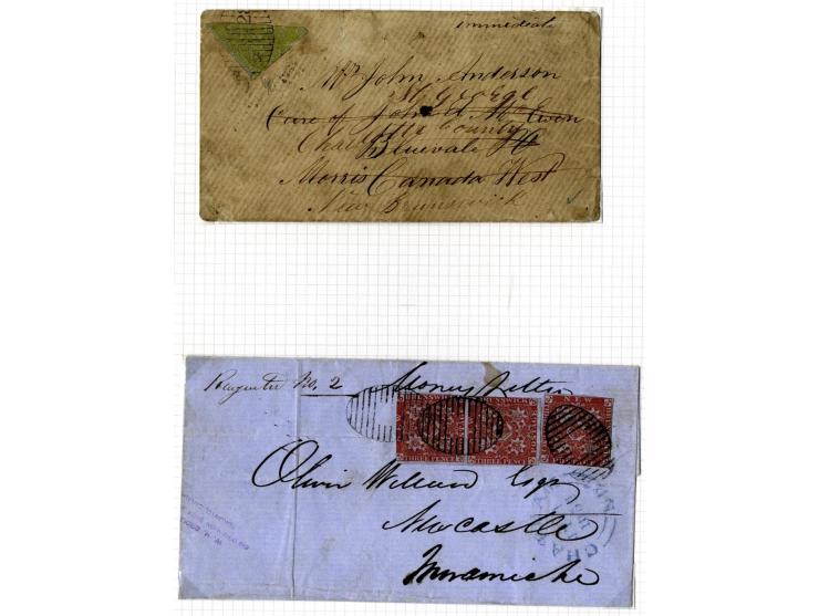 1851/60: The Postal History collection (16 covers/entires), with 3 d. red single frankings (5 covers), 3 d. red (two examples