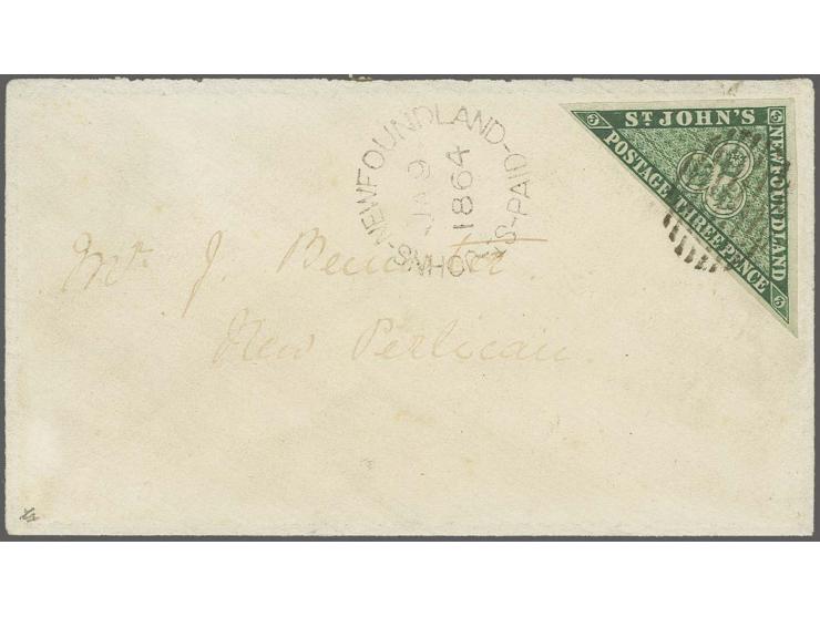 1860: Triangular 3 d. deep green, a superb large margined example used on small 1864 envelope to New Perlican, lightly tied b