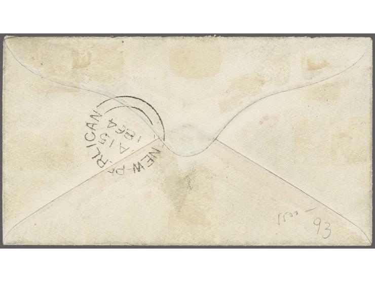 1860: Triangular 3 d. deep green, a superb large margined example used on small 1864 envelope to New Perlican, lightly tied b