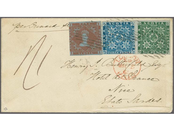 1851/60: 1 d. red brown on blued, 3 d. bright blue and 6 d. deep green all used on delightful small 1860 envelope endorsed 'p