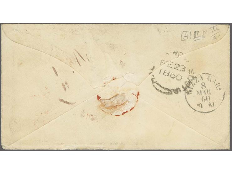 1851/60: 1 d. red brown on blued, 3 d. bright blue and 6 d. deep green all used on delightful small 1860 envelope endorsed 'p