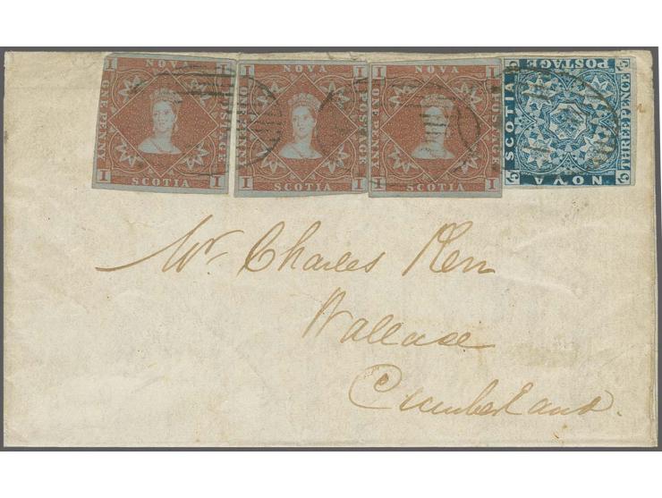1 d. red-brown, 3 singles with 3 d. bright blue, all with mostly clear to wide margins, touched or slightly cut-into in place