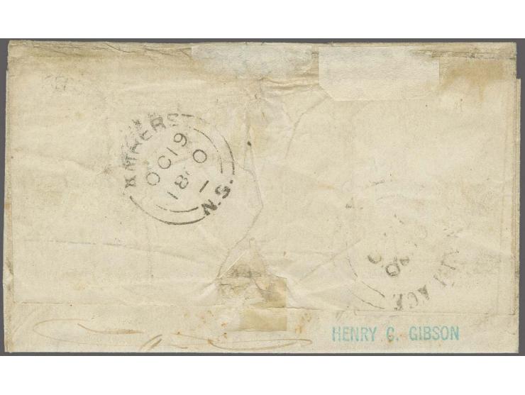 1 d. red-brown, 3 singles with 3 d. bright blue, all with mostly clear to wide margins, touched or slightly cut-into in place
