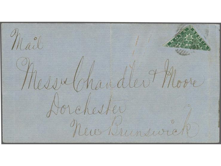 6 d. dark green, diagonal bisect, just touched in the corner tip, otherwise large margins, tied by oval grill to lettersheet 