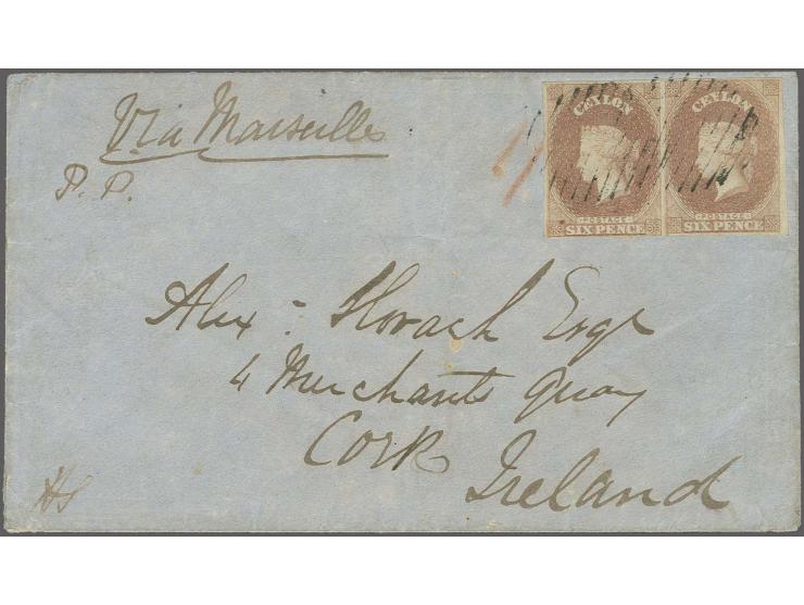6 d. purple-brown, horizontal pair with good to large margins, tied by oval of bars to envelope endorsed "Via Marseille" to C