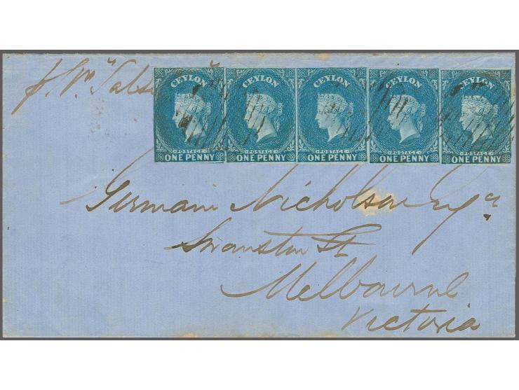1 d. blue, horizontal strip of 5, slightly touched in places, but mostly good to wide margins, lightly tied by oval of bars t