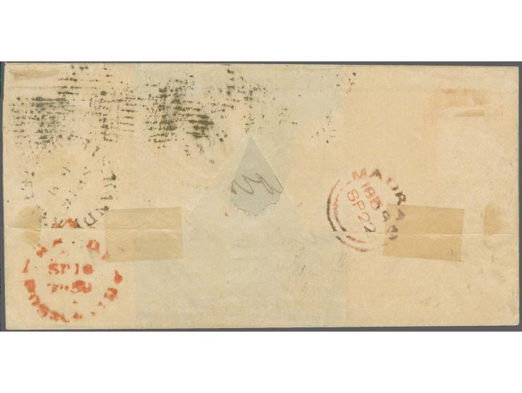 5 d. chestnut, 2 copies, both cut to shape, tied by oval of bars to double-rate letter sheet, backstamped "KANDYÂ POST-PAID S