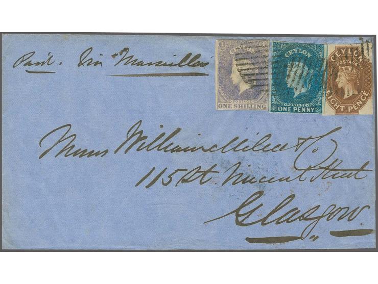 8 d. brown, outer frame line slightly touched at upper right, otherwise clear to full margins, together with 1 shilling slate