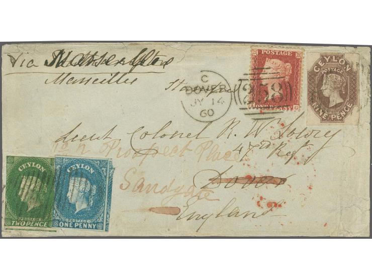 9 d. purple-brown, outer frame line cut at left, otherwise good margins, with 1 d. blue and 2 d. yellow-green, tied by oval o